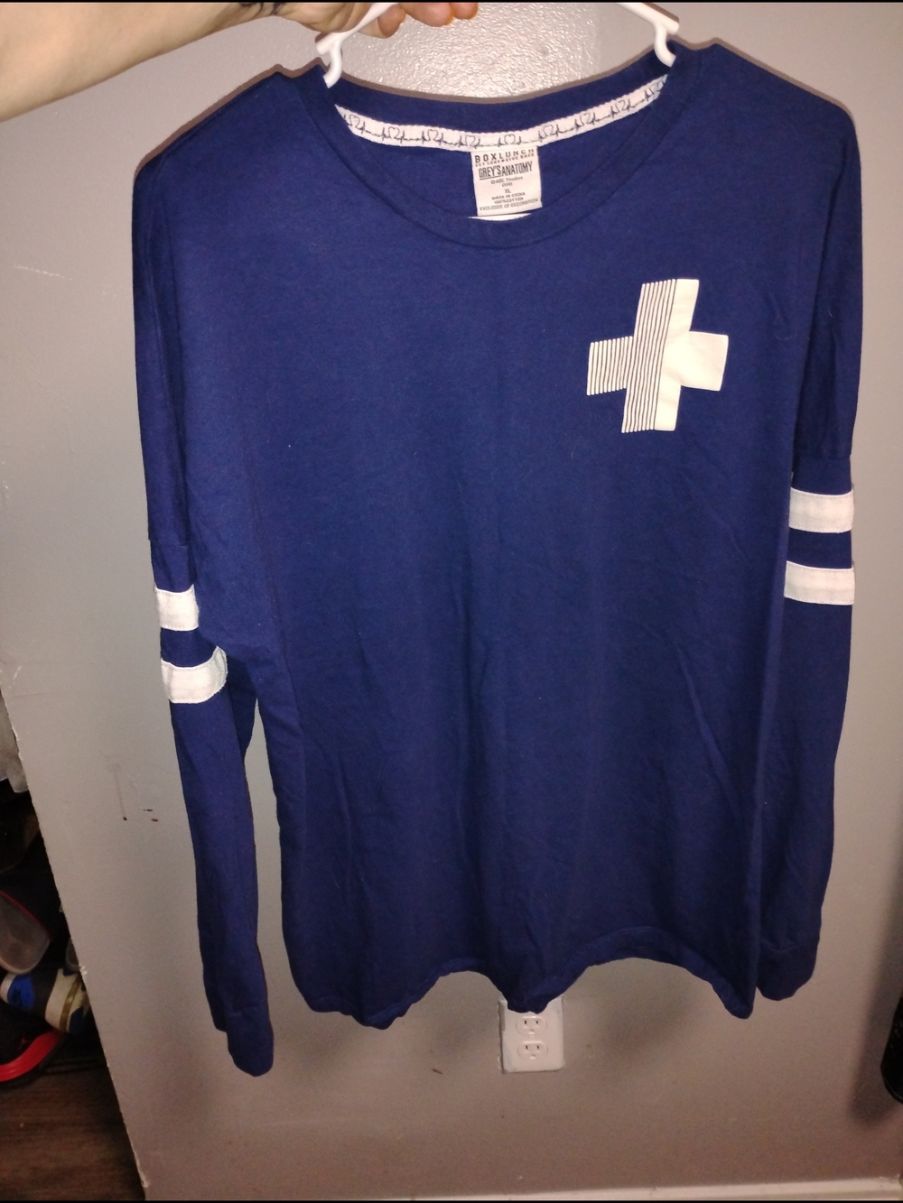Women's Long Sleeve Crewneck Shirt - Navy Blue with White Accents